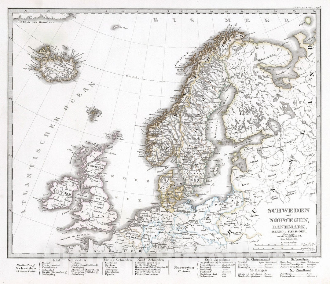 Historic Map : Sweden; Norway; Denmark; Iceland, 1863 Schweden und Norwegen, Daenemark, Island u. Faer-oer. (Sweden, Norway, Denmark, Faroe Island). , Vintage Wall Art