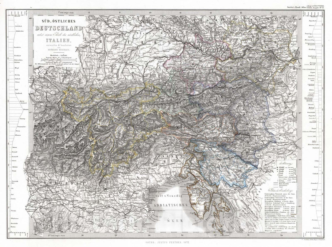 Historic Map : Austria; Germany; Italy; Slovenia, 1872 Sud-Ostliches Deutschland, Italien. (Southeast Germany, Italy, Slovenia, Austria). , Vintage Wall Art