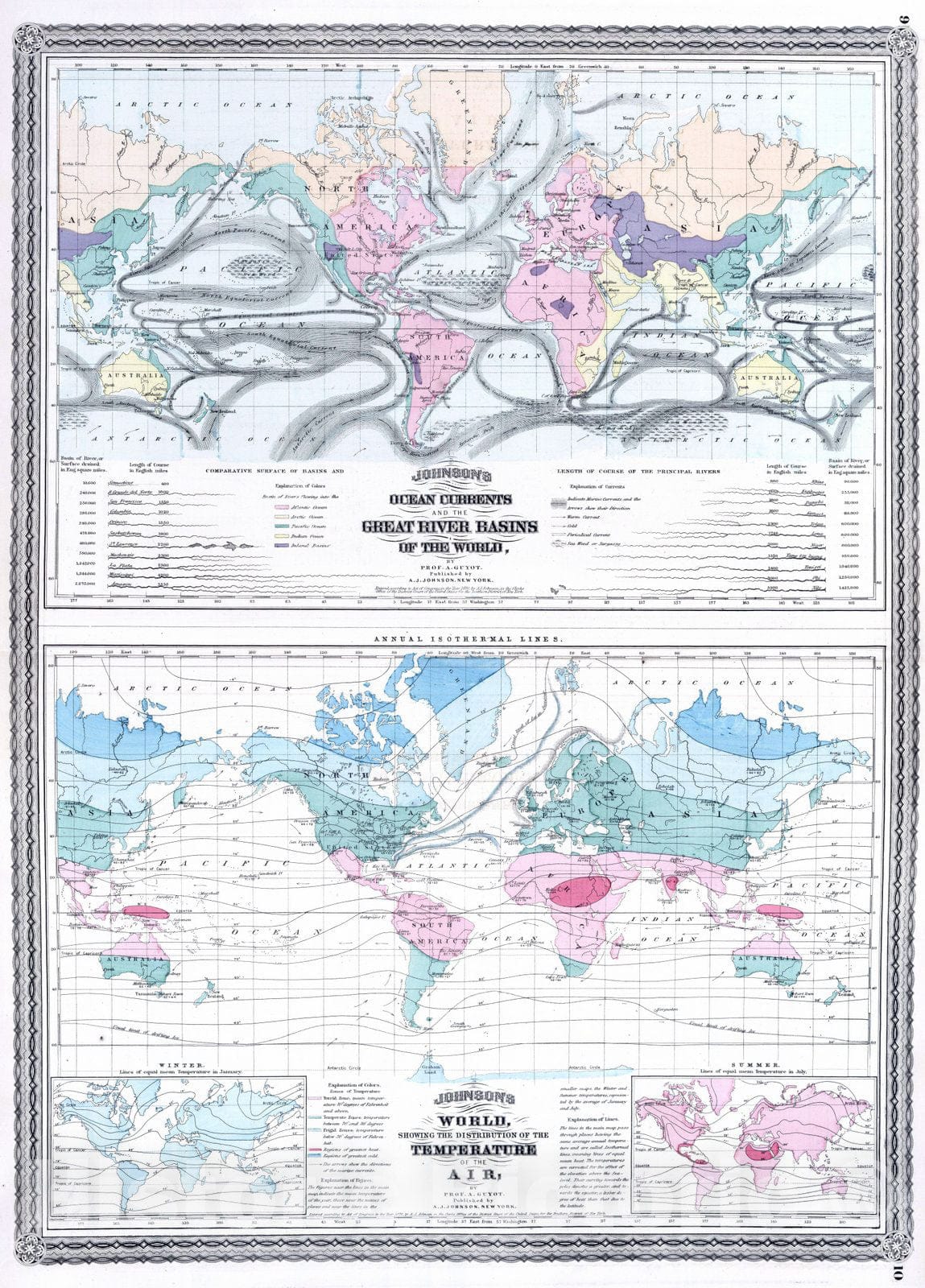 Historic Map : 1870 Ocean Currents, Great River Basins of the World, and Temperature of the Air. - Vintage Wall Art