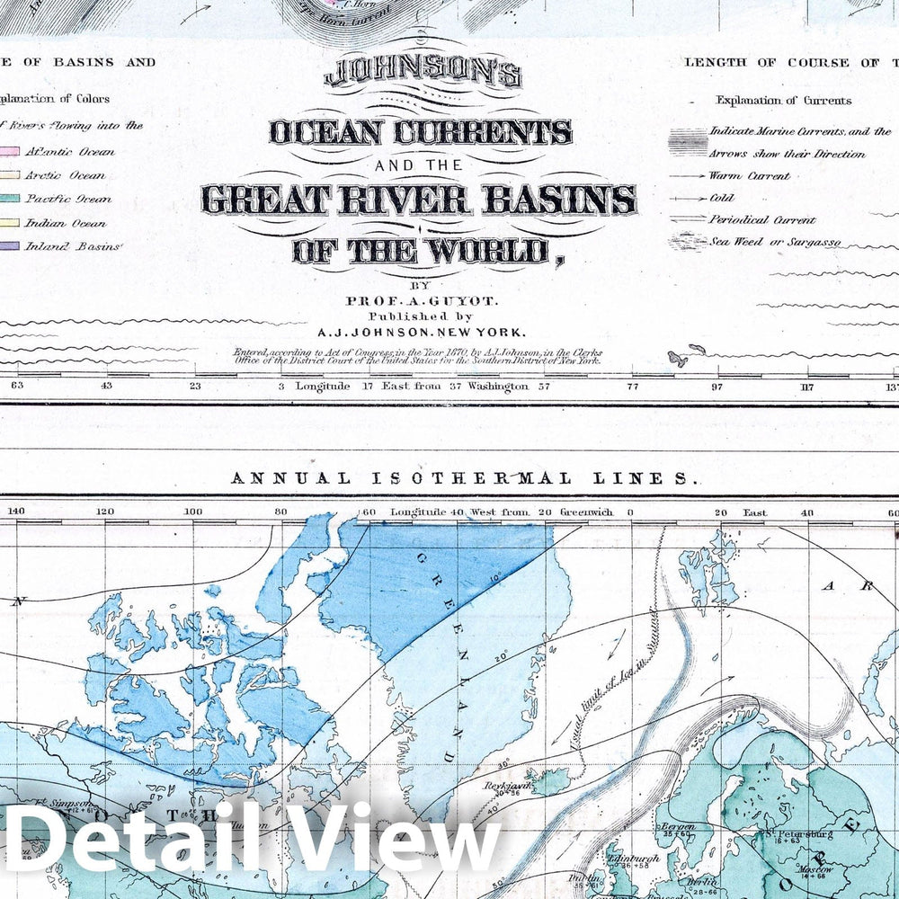 Historic Map : 1870 Ocean Currents, Great River Basins of the World, and Temperature of the Air. - Vintage Wall Art