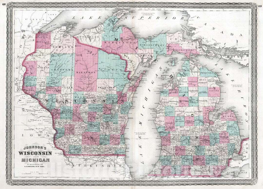 Historic Map : 1870 Wisconsin and Michigan. - Vintage Wall Art