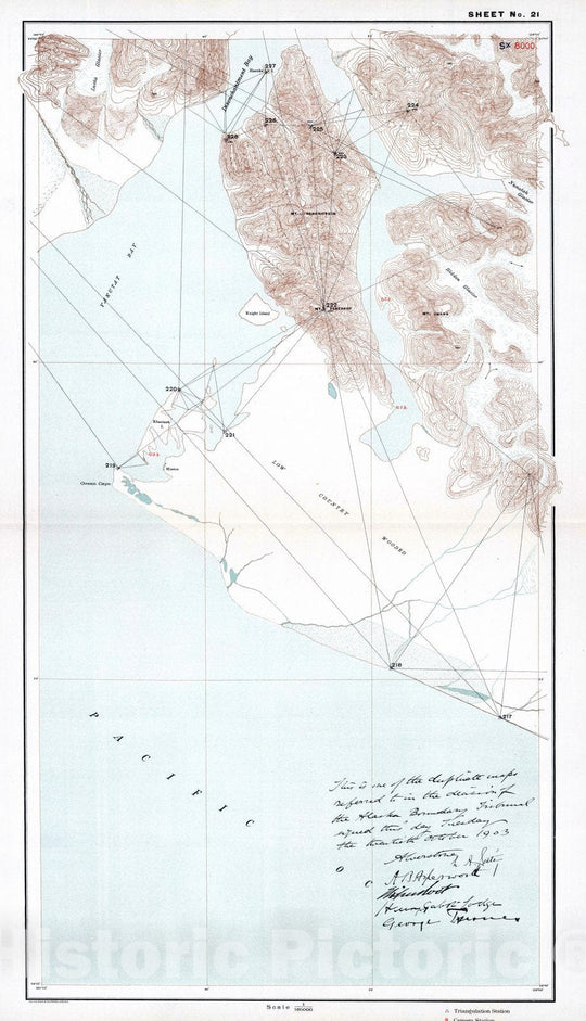 Historic Wall Map : 1904 Sheet No. 21. (Yakutat Bay, Hidden Glacier, Nunatak Glacier, Disenchantment Bay, Lucia Glacier, Ocean Cape, Mt. Tebenkof). - Vintage Wall Art