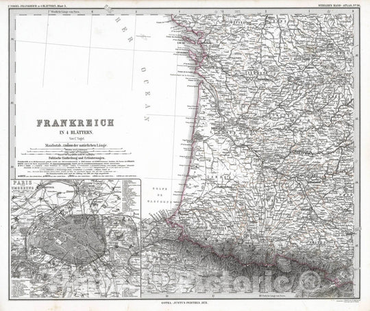 Historic Map : France , Paris France, 1873 Frankreich in 4 Blattern. (France in 4 Sheets). , Vintage Wall Art