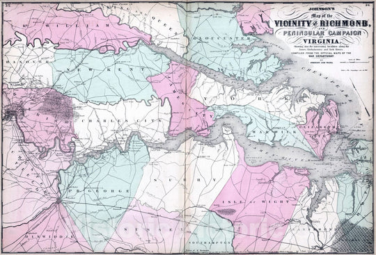 Historic Wall Map : 1862 Vicinity of Richmond, and Peninsular Campaign in Virginia - Vintage Wall Art