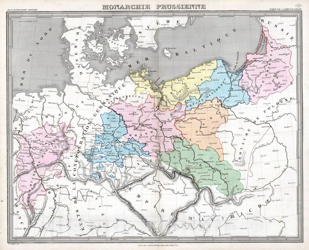 Historic Map : Germany; Poland, 1838 Monarchie Prussienne. , Vintage Wall Art