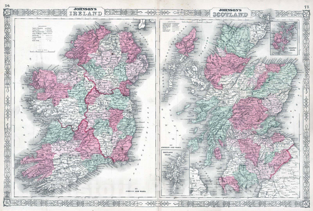 Historic Wall Map : 1864 Ireland and Scotland - Vintage Wall Art