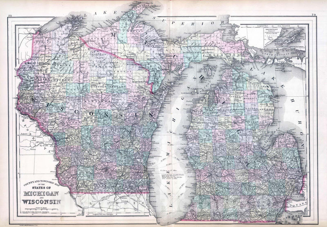 Historic Map : 1886 Michigan, Wisconsin. - Vintage Wall Art