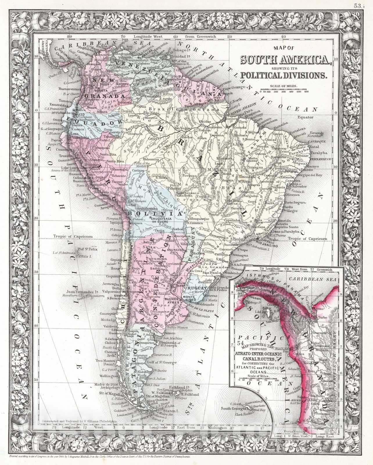 Historic Wall Map : 1865 Map of South America - Vintage Wall Art