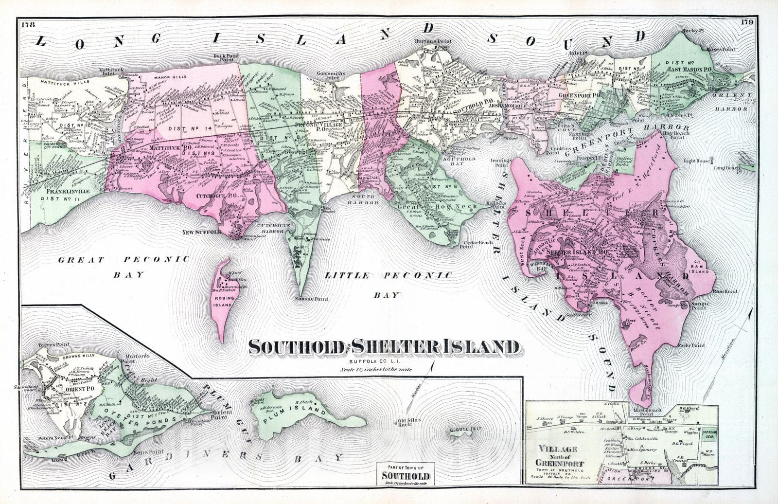 Historic Map : 1873 Southold and Shelter Island. Village North of Greenport in Southold. Long Island. - Vintage Wall Art