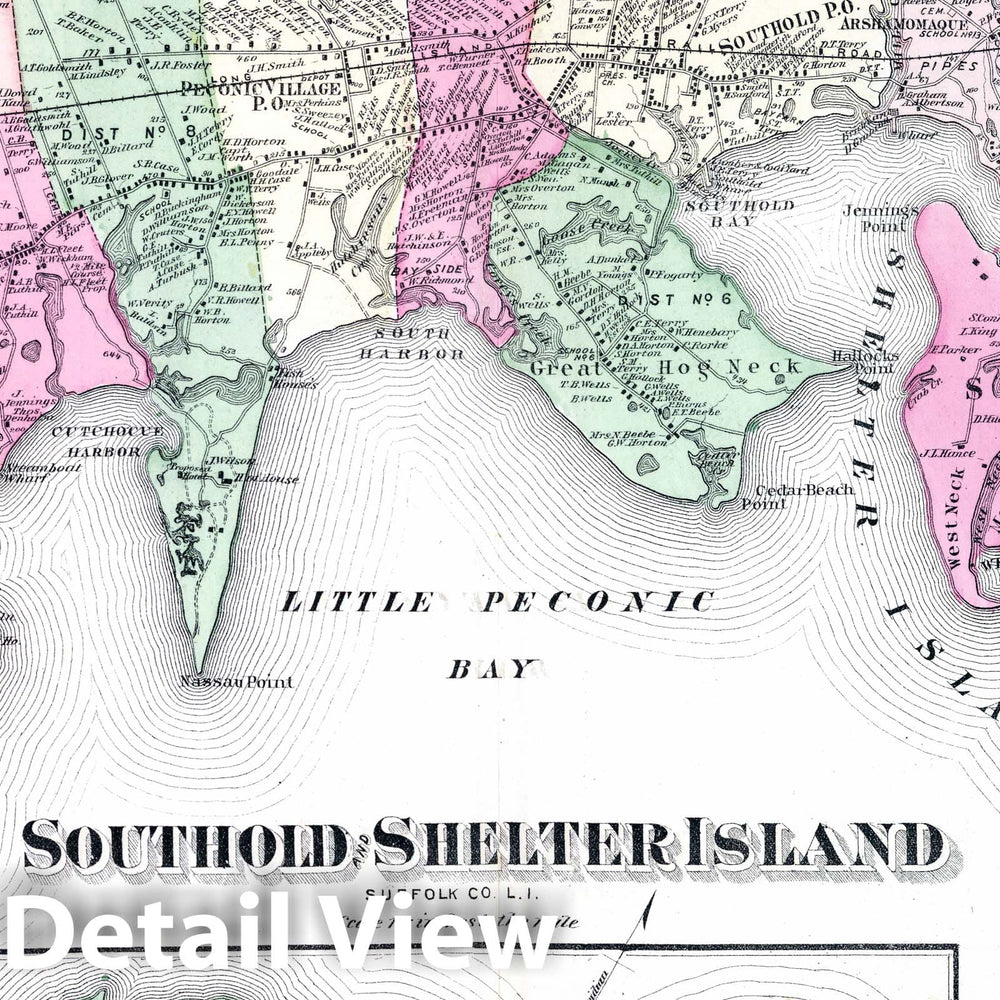 Historic Map : 1873 Southold and Shelter Island. Village North of Greenport in Southold. Long Island. - Vintage Wall Art