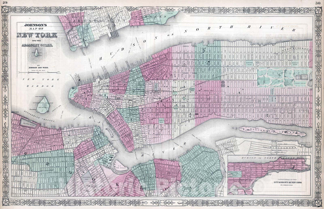 Historic Map : 1864 Map of New York (City) and the Adjacent Cities - Vintage Wall Art