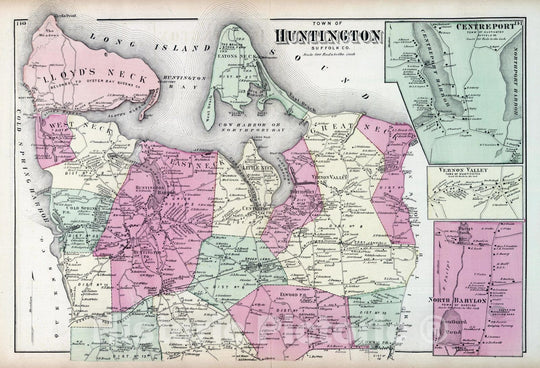 Historic Map : 1873 Huntington, Centerport, Vernon Valley, in Huntington. North Babylon, in Babylon. Long Island. - Vintage Wall Art