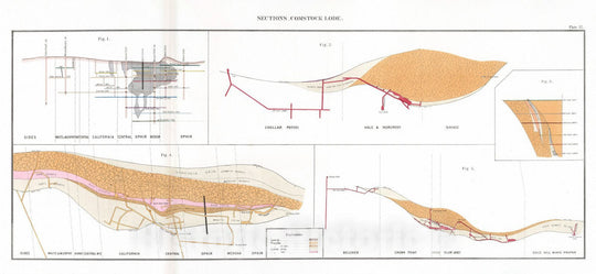 Historic Map : Geologic Atlas - 1870 Plate 12. Sections, Comstock Lode. - Vintage Wall Art