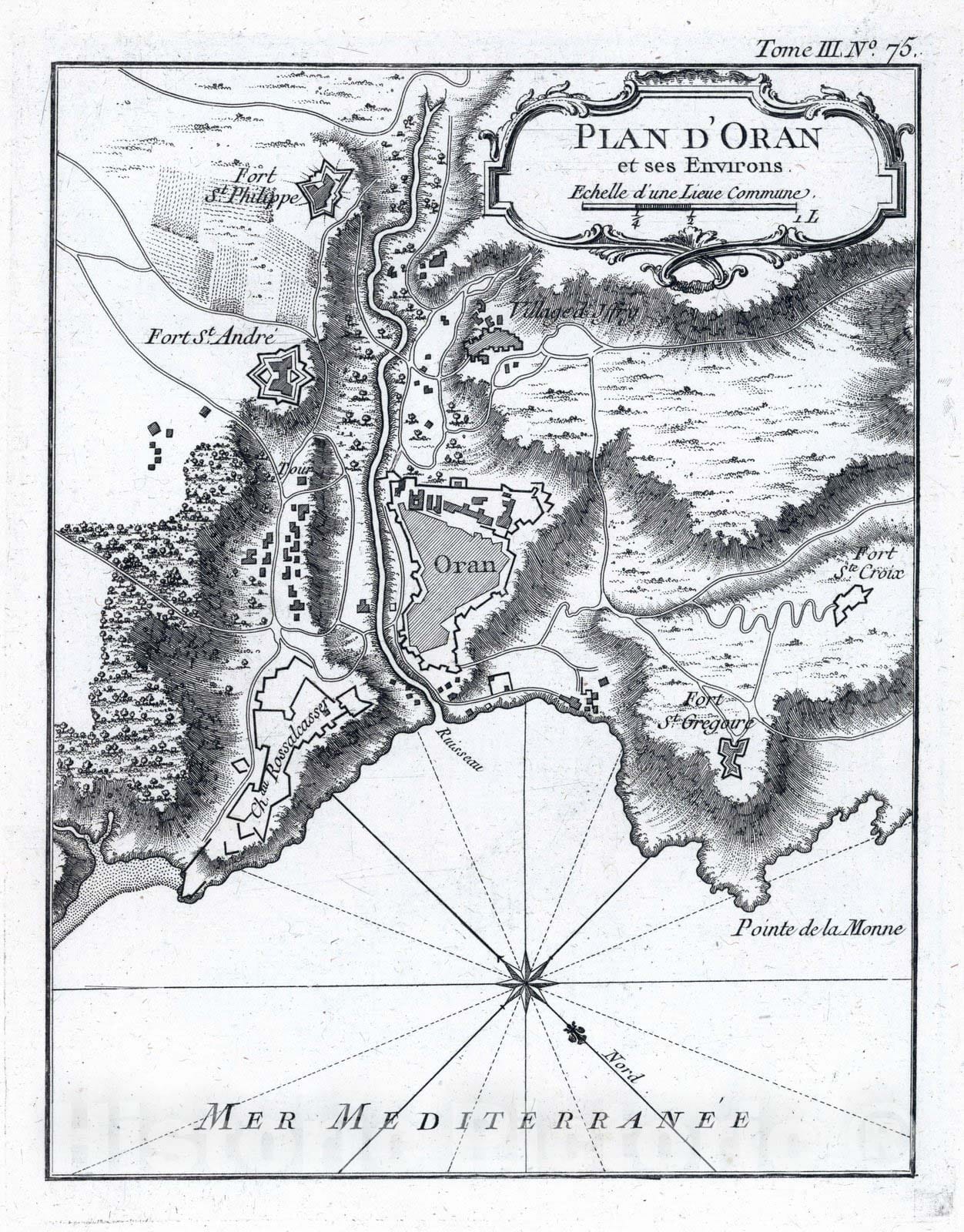 Historic Map : Algeria, Mediterranean, Africa 1764 Plan d'Oran, et ses environs , Vintage Wall Art