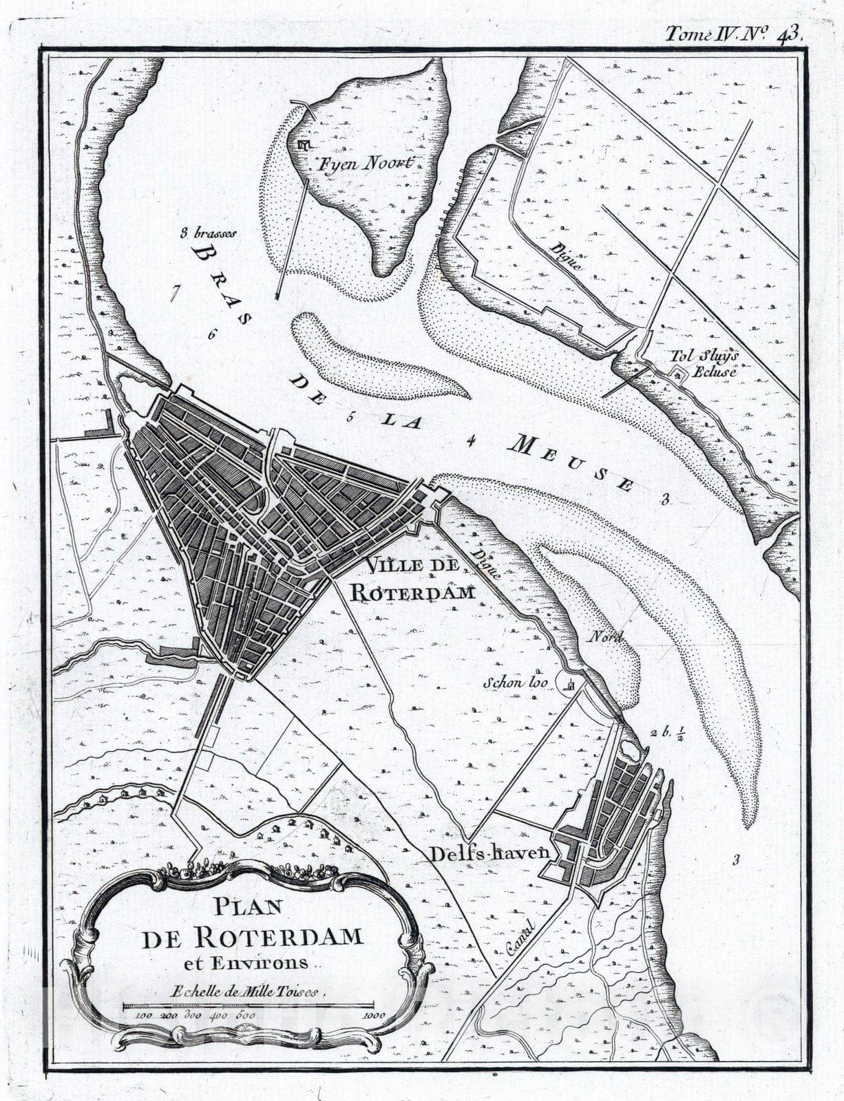 Historic Map : Netherlands, , Europe 1764 Plan de Roterdam et environs , Vintage Wall Art