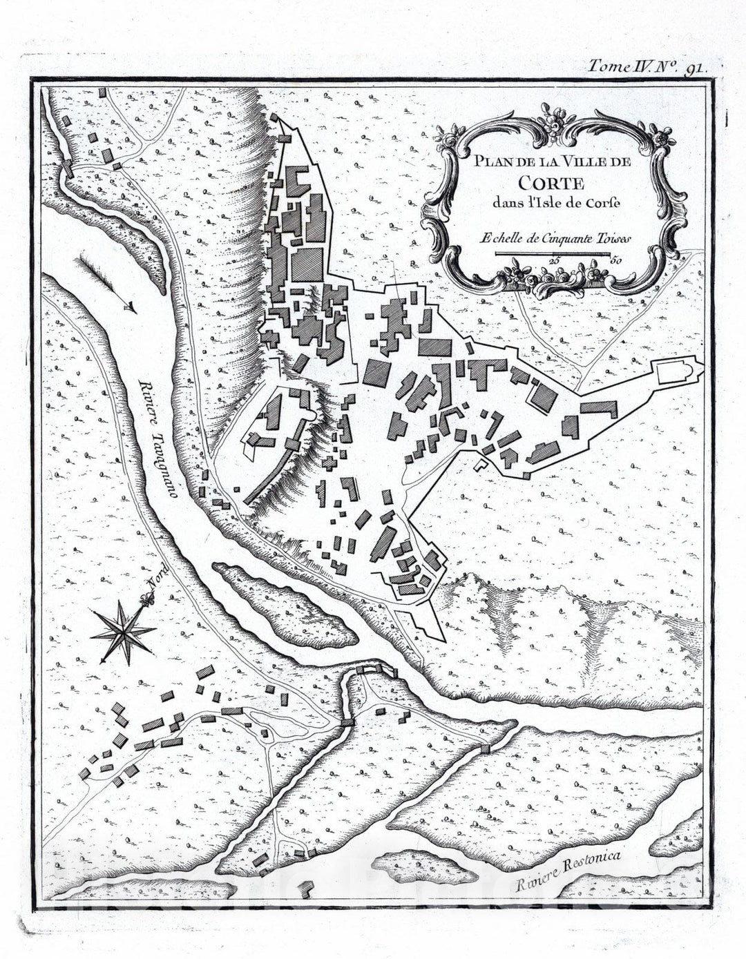 Historic Map : France, Corsica, Europe 1764 Plan de la Ville de Corte dans l'Isle de Corse , Vintage Wall Art