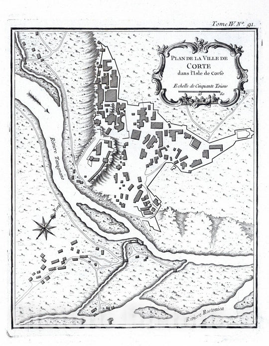 Historic Map : France, Corsica, Europe 1764 Plan de la Ville de Corte dans l'Isle de Corse , Vintage Wall Art