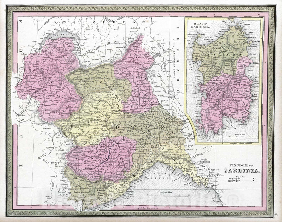 Historic Map : 1849 Kingdom of Sardinia - Vintage Wall Art