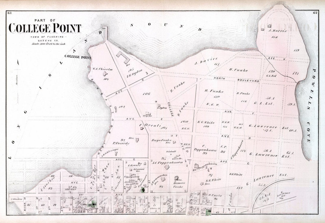 Historic Map : 1873 College Point, in Flushing. Long Island. v2 - Vintage Wall Art