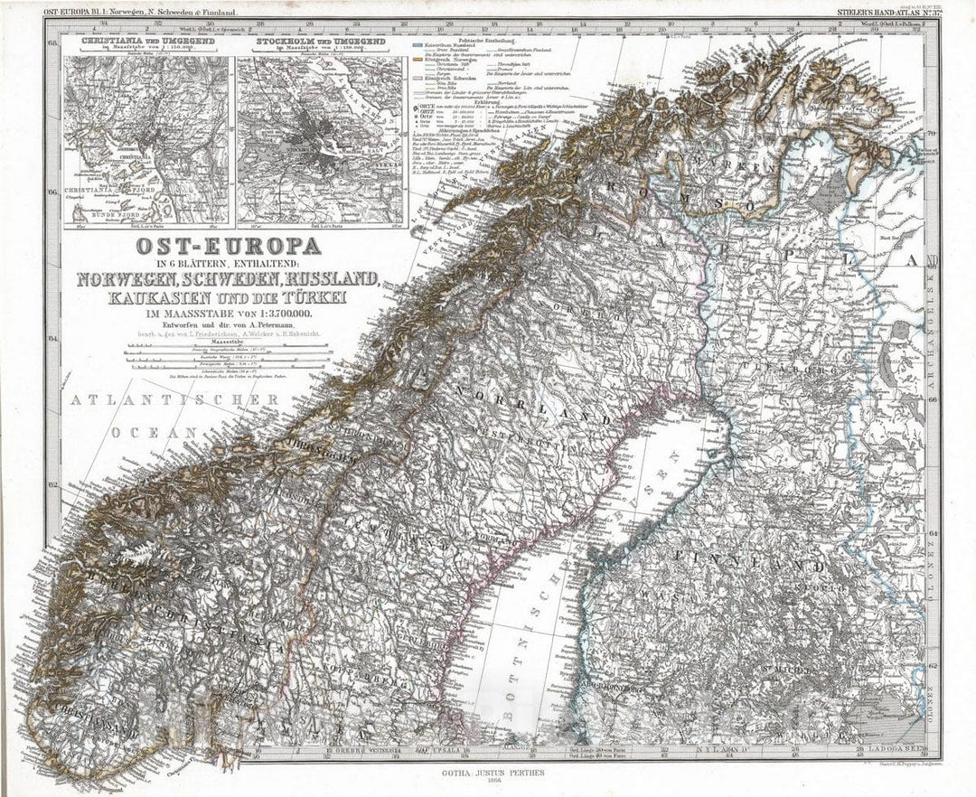 Historic Map : Sweden; Norway; Finland, 1866 Ost-Europa in 6 Blattern, Enthaltend. Norwegen, Schweden, Russland, Kaukasten, und die Turkei. , Vintage Wall Art