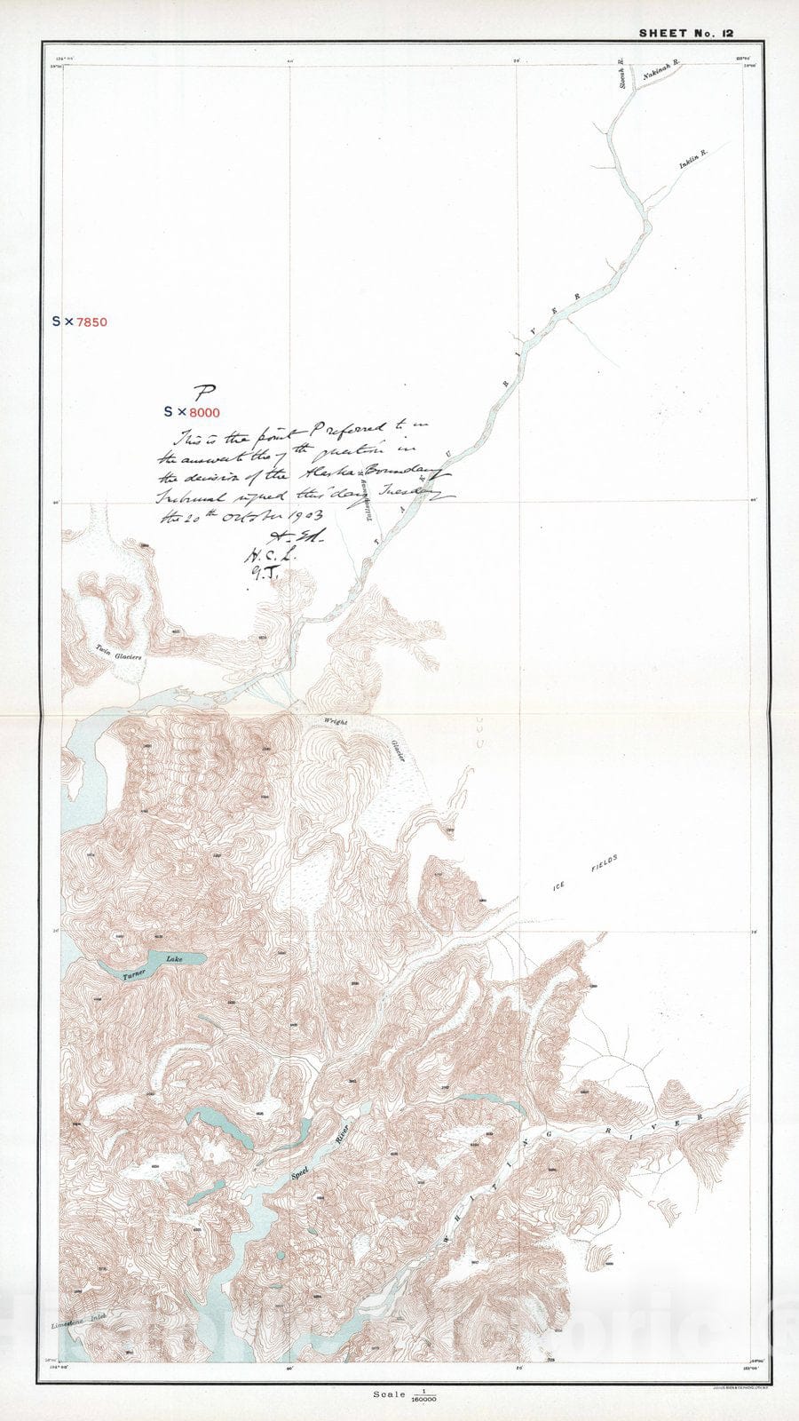 Historic Map : 1904 Sheet No. 12. (Taku River, Whiting River, Speel River, Turner Lake, Twin Glaciers). - Vintage Wall Art