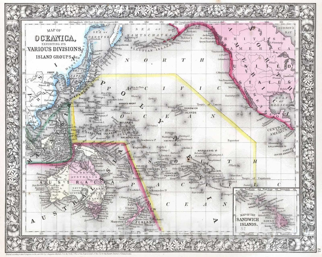 Historic Map : 1865 Map of Oceanica, exhibiting its Various Divisions, Island Groups &c. - Vintage Wall Art