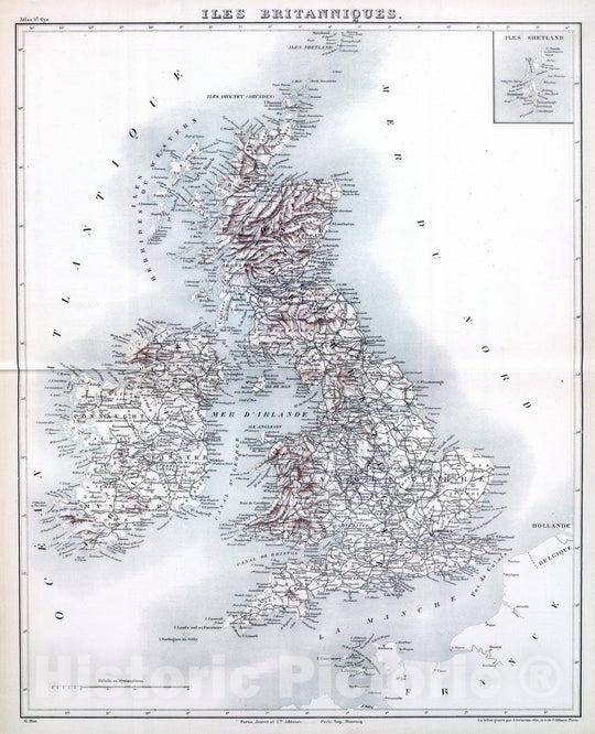 Historic Map : England; Ireland, British Isles 1882 Isles Britanniques. , Vintage Wall Art