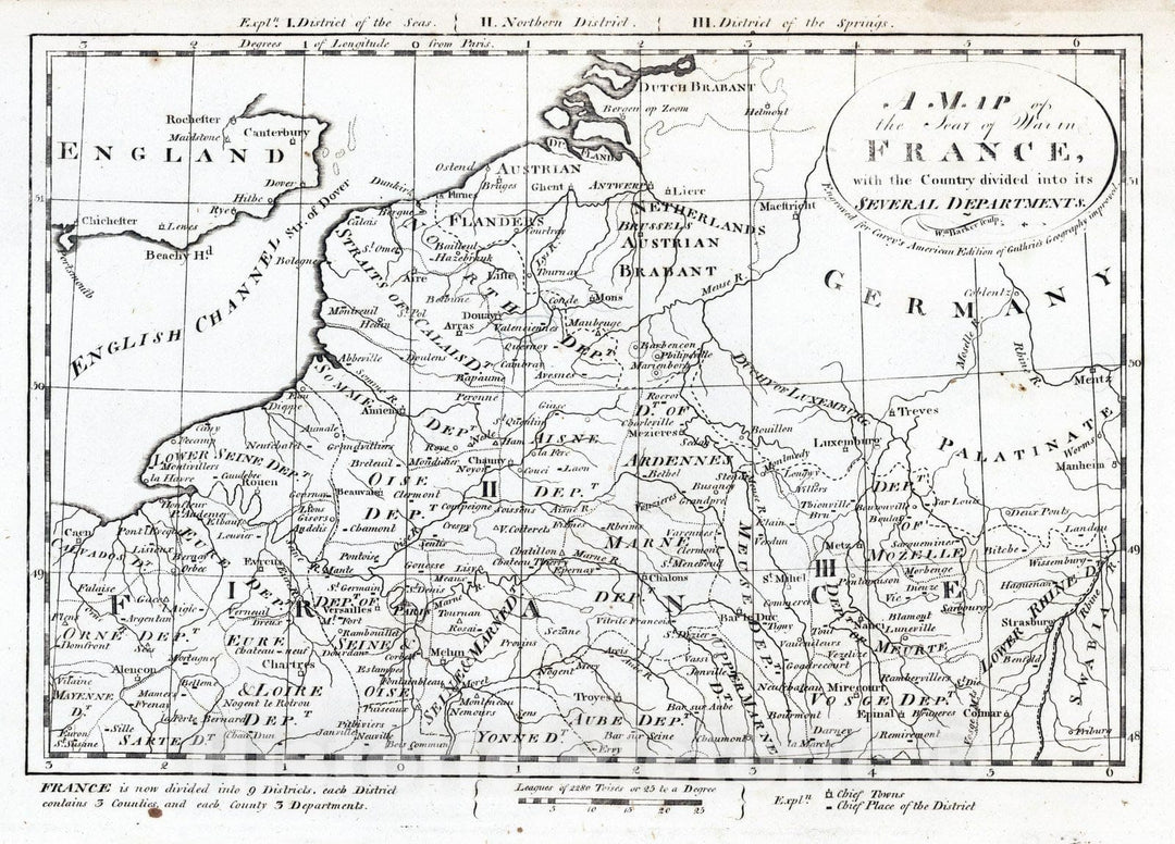 Historic Map : 1795 Map of the Seat of War in France, with the Country divided into its Several Departments. - Vintage Wall Art