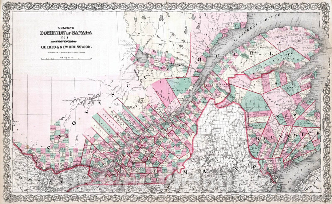 Historic Map : 1869 Dominion of Canada. Provinces of Quebec and New Brunswick. - Vintage Wall Art