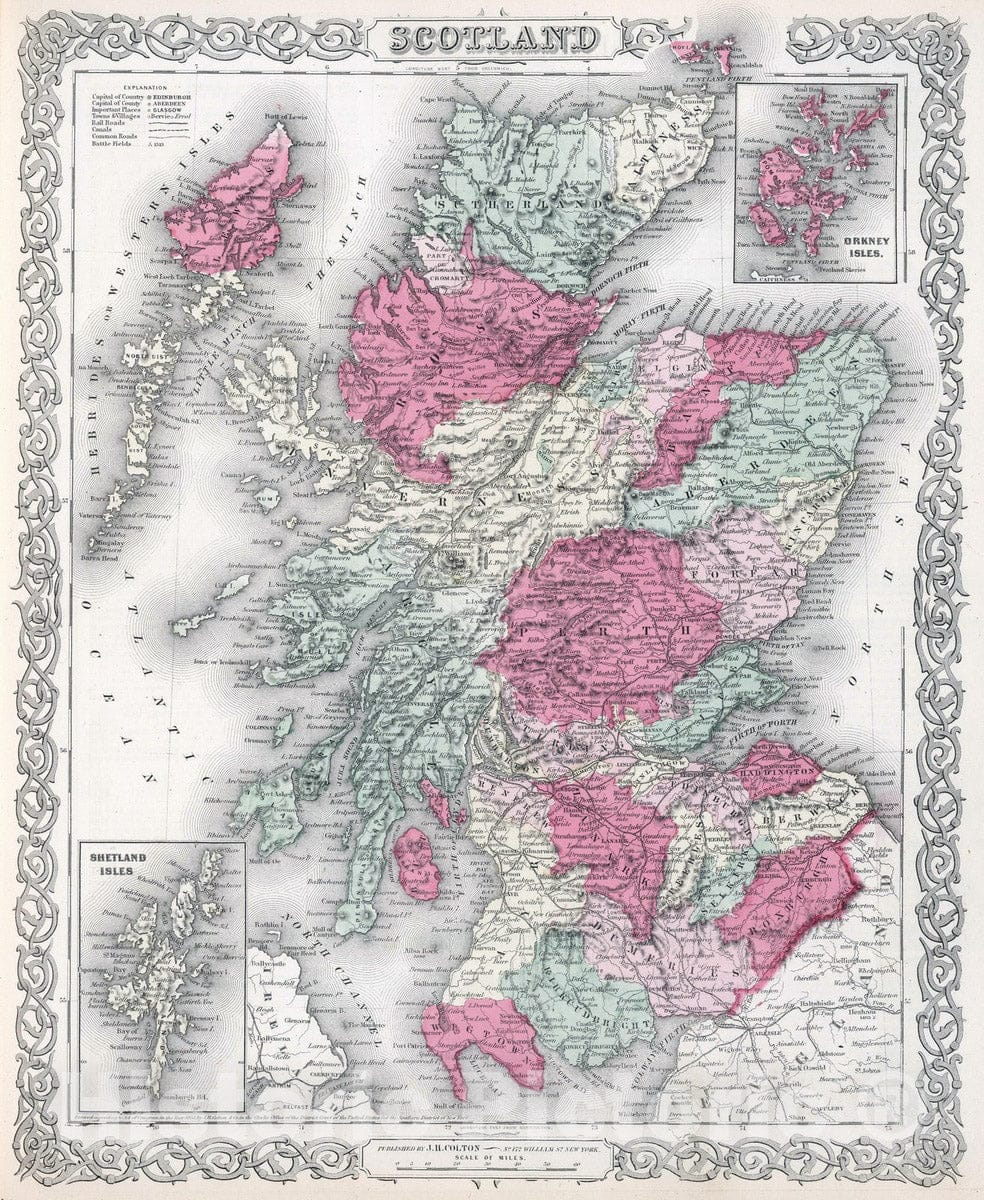 Historic Map : 1865 Scotland. - Vintage Wall Art