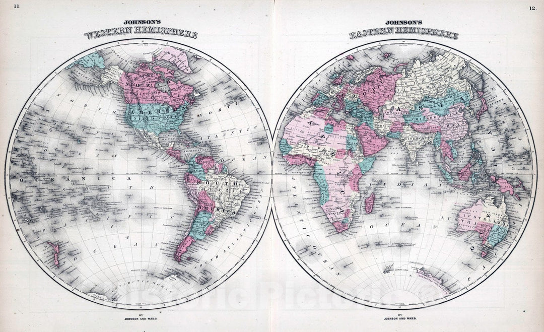 Historic Map : 1865 Western and Eastern Hemispheres. - Vintage Wall Art