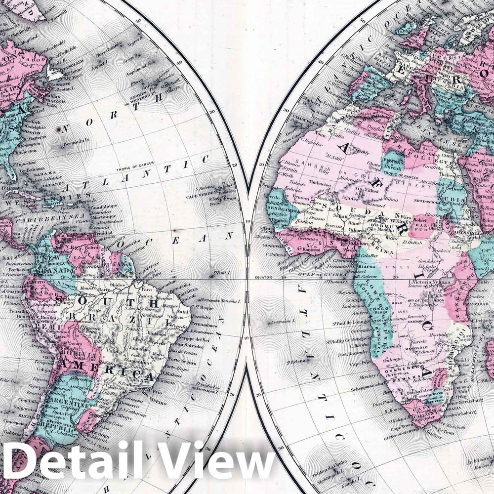 Historic Map : 1865 Western and Eastern Hemispheres. - Vintage Wall Art