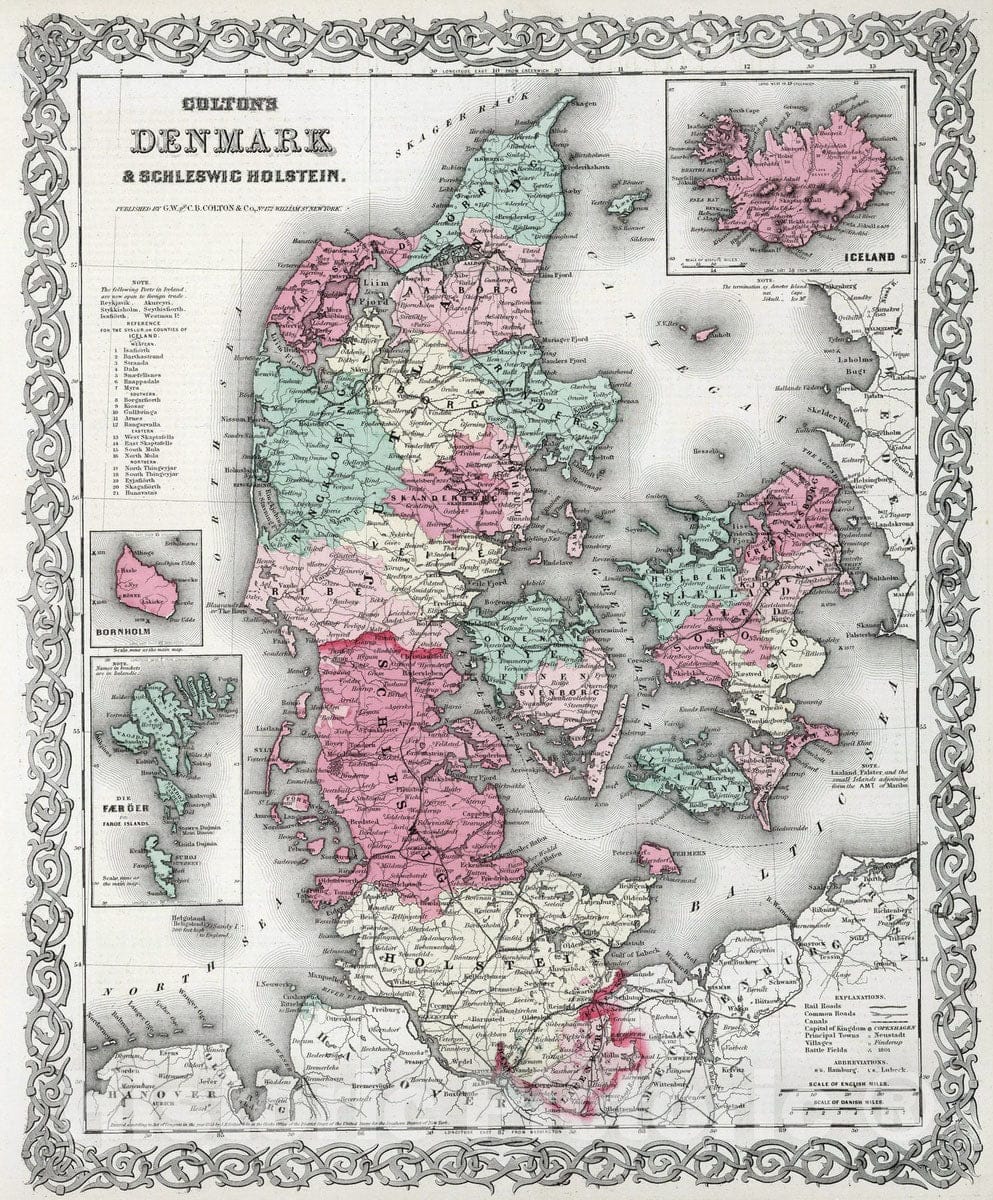 Historic Map : 1869 Denmark. - Vintage Wall Art