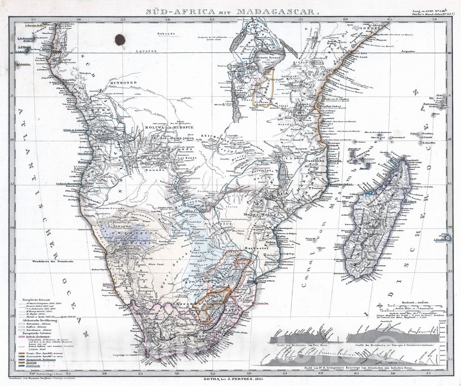 Historic Map : South America; Lesotho; Madagascar, 1863 Sud-Afrika (Southern Africa) mit Madagascar. , Vintage Wall Art