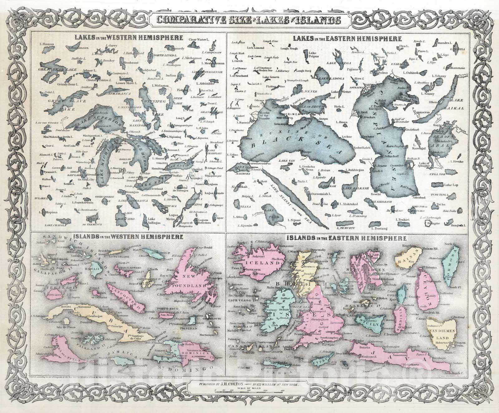 Historic Map : 1865 Comparative Size of Lakes and Islands. - Vintage Wall Art