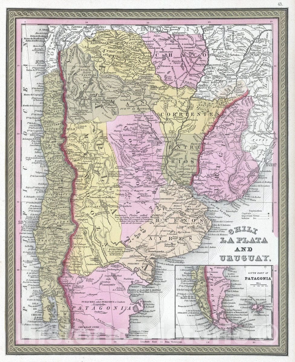 Historic Map : Chile; Argentina; Uruguay, Patagonia (Argentina and Chile) 1849 Chili La Plata and Uruguay , Vintage Wall Art