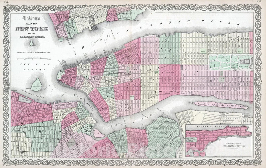 Historic Map : 1865 New York City and the Adjacent Cities. - Vintage Wall Art