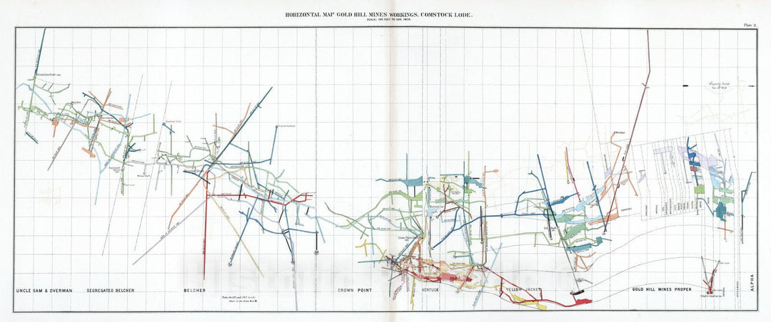 Historic Map : Geologic Atlas - 1870 Plate 3. Horizontal Map Gold Hill Mines Workings, Comstock Lode. - Vintage Wall Art