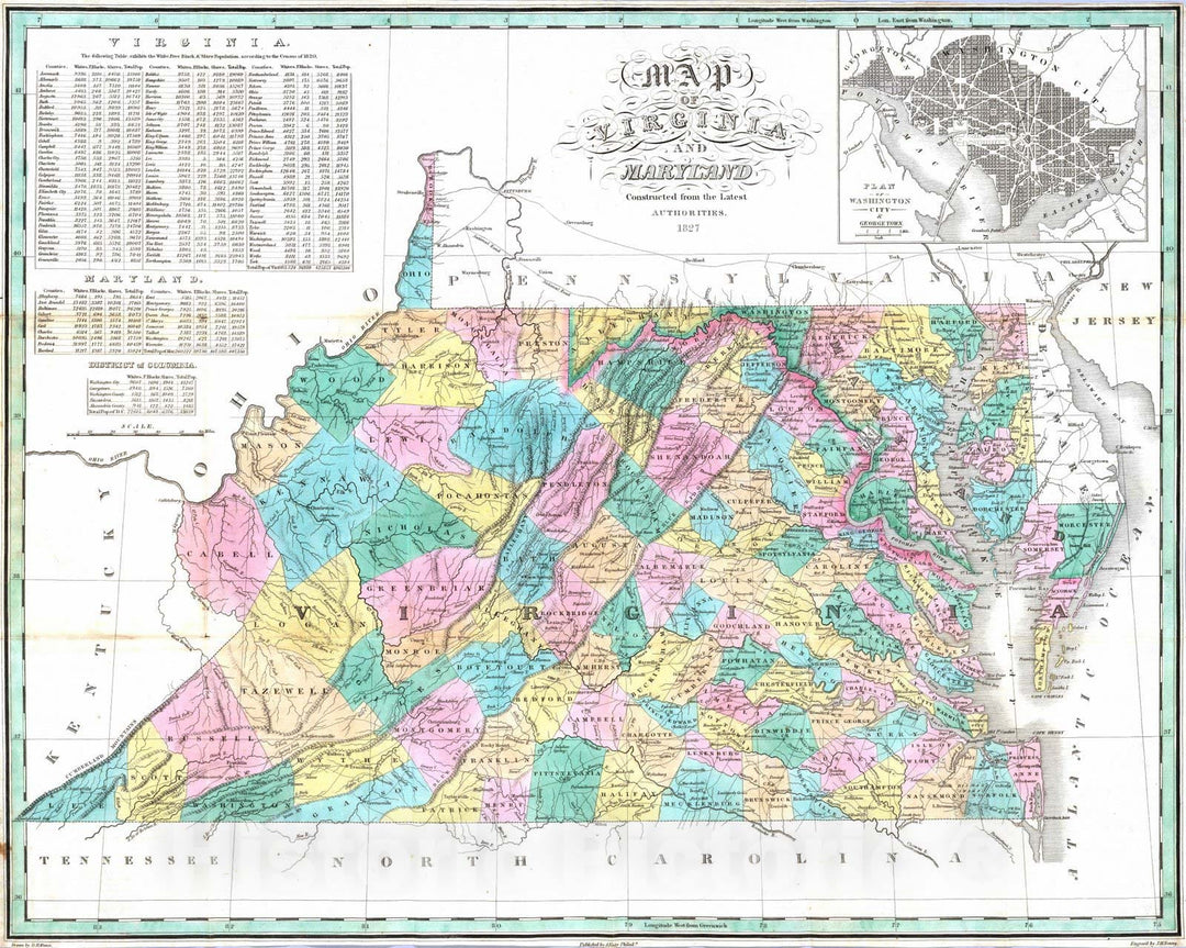 Historic Map : National Atlas - 1827 Virginia, Maryland, Washington D.C. - Vintage Wall Art