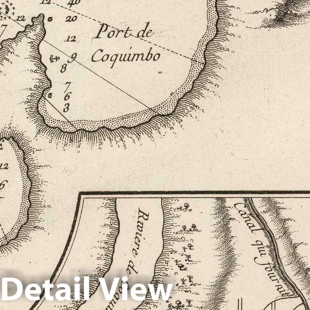 Historic Map : Chile , La Serena, (Chile), 1764 Plan du port de Coquimbo a la coste du Chili. Inset: Ville e" la Serena. , Vintage Wall Art