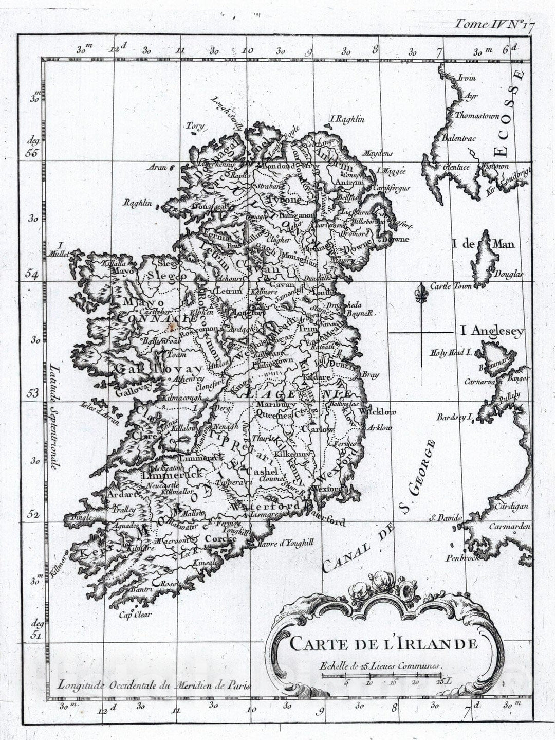 Historic Map : Ireland, , Europe 1764 Carte de L'Irlande , Vintage Wall Art