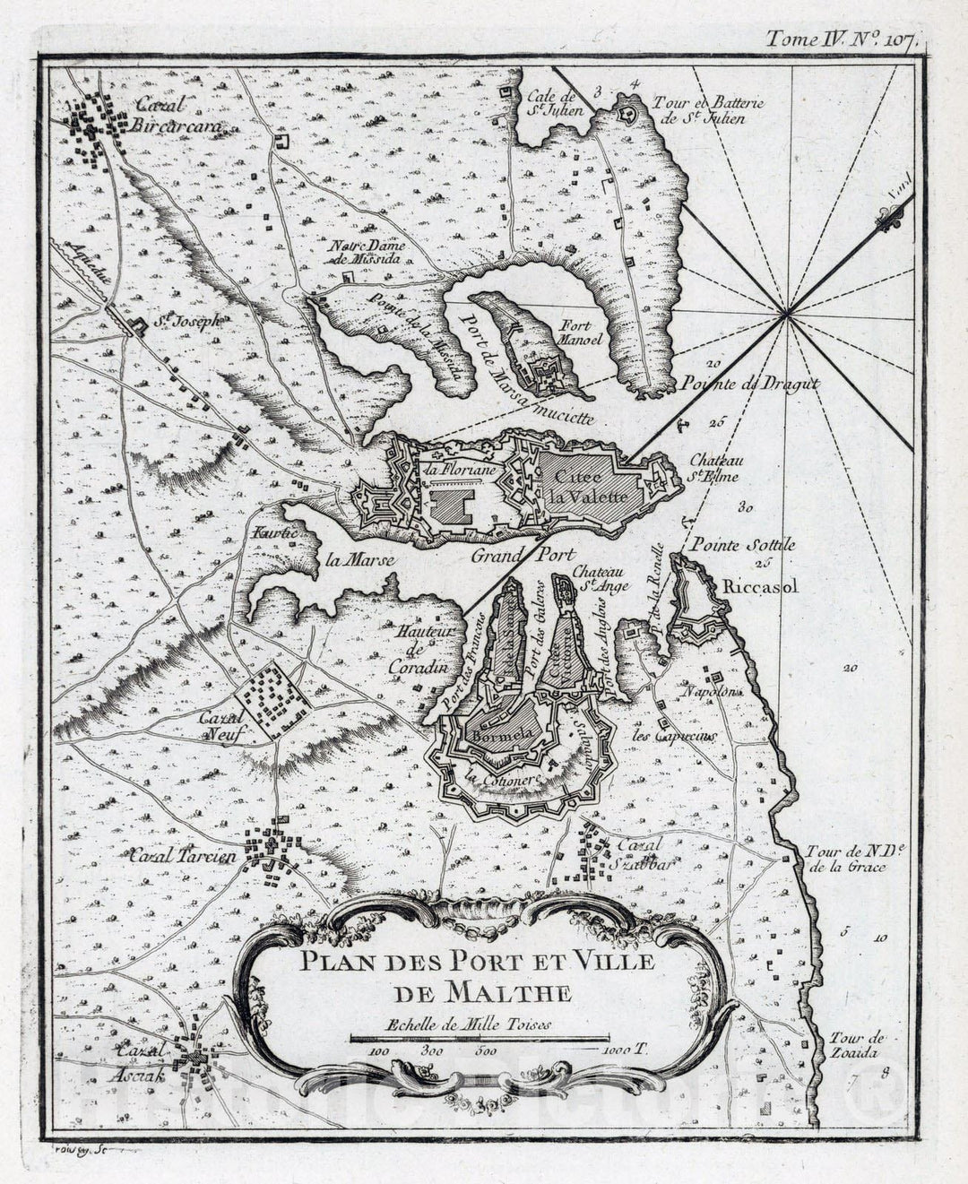 Historic Map : Malta , Valetta (Malta), 1764 Plan des port et ville de Malthe. Croisey, sc[ulp.] , Vintage Wall Art