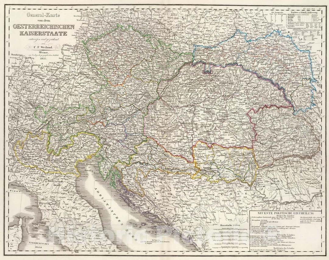 Historic Map : Austria; Hungary, Balkan Peninsula 1855 Oesterreich. Kaiserstaate. , Vintage Wall Art