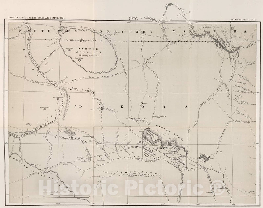 Historic Map : Exploration Book - 1878 No. V, Reconnaissance Map. (Pembina Mountains to Mouse River). - Vintage Wall Art