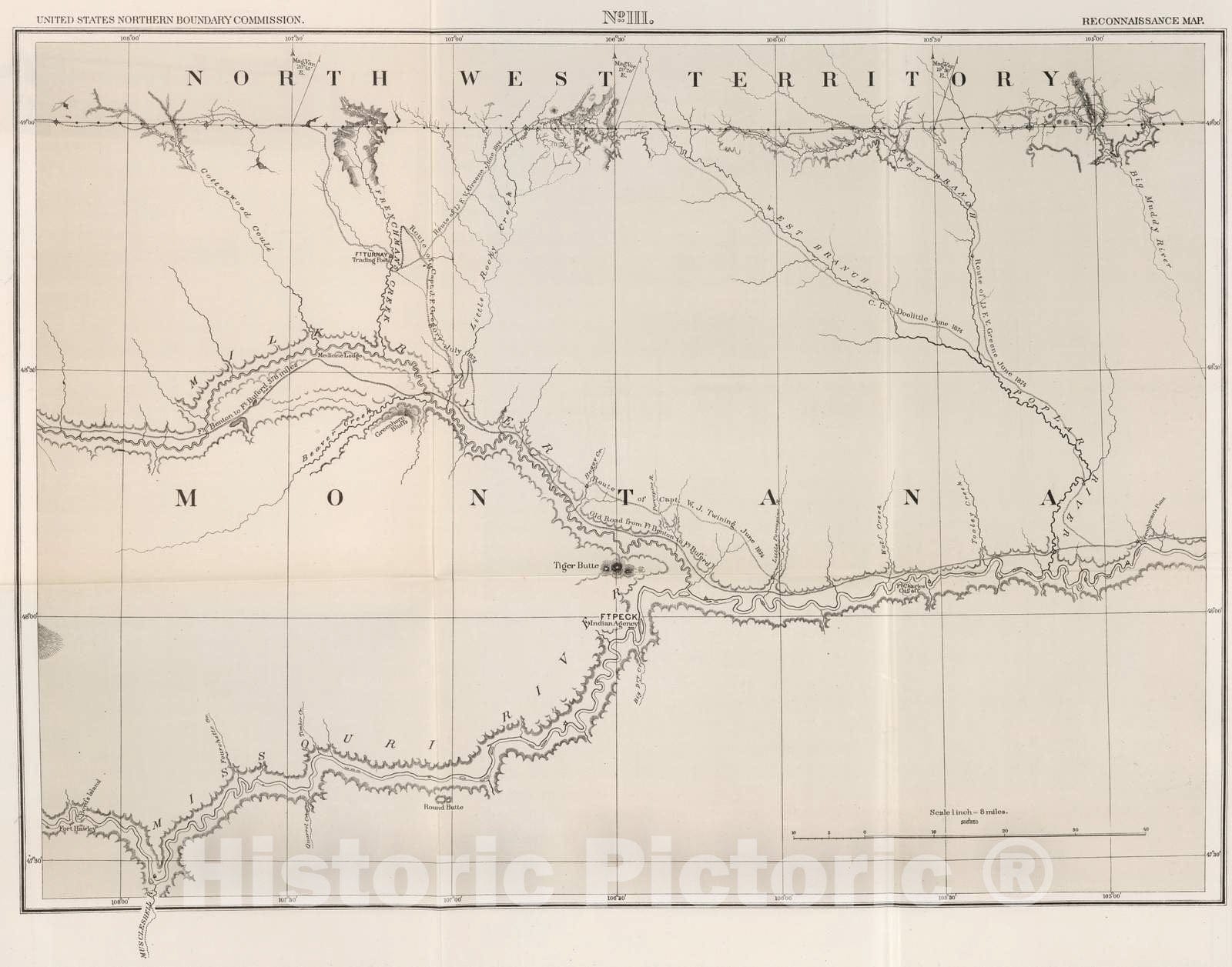 Historic Wall Map : Exploration Book - 1878 No. III, Reconnaissance Map. (Big Muddy River to Fort Hawley). - Vintage Wall Art