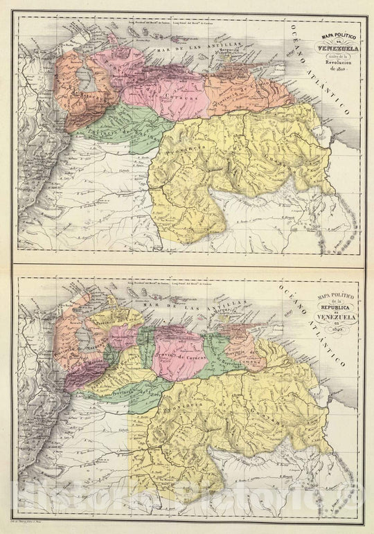 Historic Map : Venezuela, , South America; West Indies Mapa politico de Venezuela, Antes 1810, 1840. , Vintage Wall Art