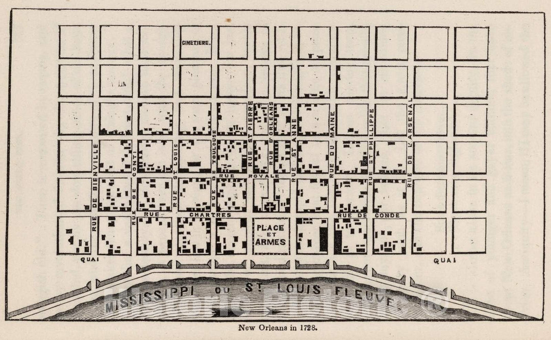 Historic Map : Guide Book - 1845 New Orleans in 1728 - Vintage Wall Art