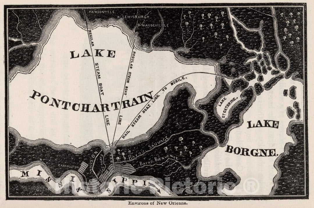 Historic Map : Guide Book - 1845 Environs of New Orleans. - Vintage Wall Art