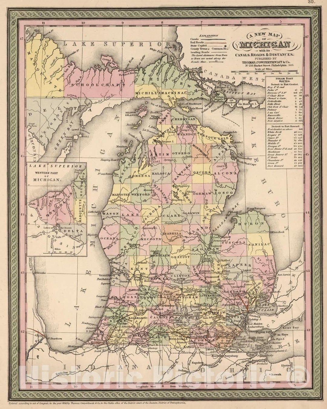 Historic Map : 1853 A New Map of Michigan - Vintage Wall Art