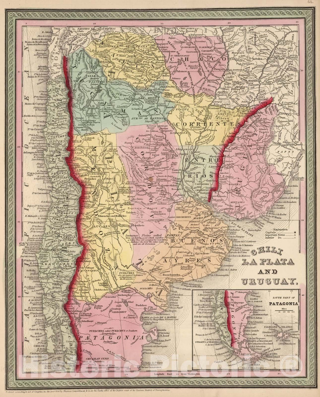 Historic Map : Chile; Uruguay; Argentina, Patagonia (Argentina and Chile) 1853 Chili, La Plata and Uruguay , Vintage Wall Art